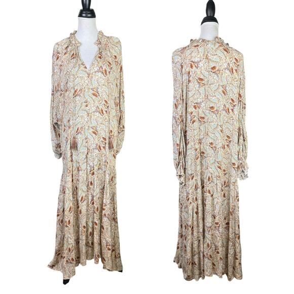 Aura Falling Foliage Brown Floral Paisley Long Sleeve Tiered Peasant Maxi Dress - Picture 4 of 12